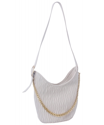 Chevron Embossed Chain Link Bucket Shoulder Bag Hobo CSD017-Z BEIGE